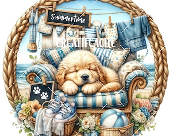 Sweet Summertime Puppy at the beach PNG Round Summer DIY Sign Digital Print Wall Decor Doorhanger Golden Retriever Circle Heat Press Decal