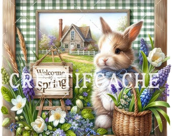 Welcome Spring Farmhouse Square Gingham Bunny  DIY Decor (Digital Download) PNG sublimation