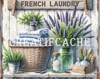 Rustic, Metal French Laundry Room Digital Print, French Lavender, Folded Linens, Wash Room  Decor, Laundry Sign  Clothespin Mudroom Rustic