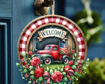 Patriotic Red Truck Round Door Hanger Welcome Sign PNG Sublimation