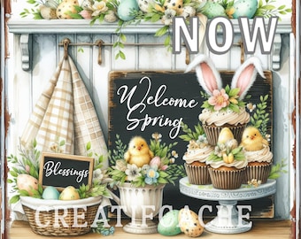 Farmhouse Easter Kitchen Print, Bunny Ears, Chicks Floral Decor (Digital Download)