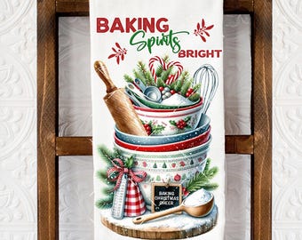 Baking Spirits Bright Christmas Tea Towel Transfer 4.5x7.5 inches, Digital Template,PNG, Heat Press