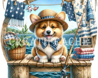 Summer Fun Gone Fishing Corgi Puppy PNG Sublimation, DIY Sign, Digital Print