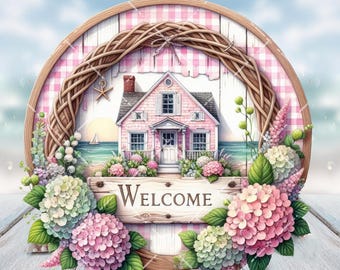 Summer Beach House Welcome Sign PNG, Coastal Hydrangea Wreath Accent (Digital Download)