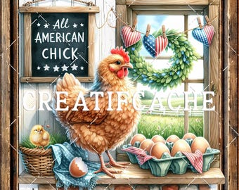 4th of July Patriotic Square Sublimation PNG - All American Chick DIY Signs Home Decor Digital Independence Day Farmhouse Wreath Accent
