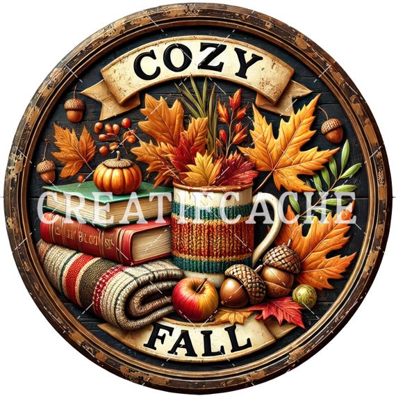Round Farmhouse PNG Sublimation, Cozy Fall Blankets, Leaves, Acorns  Door Hanger, Round Cutting Board, Fall Wreath DIY Metal Signs CU