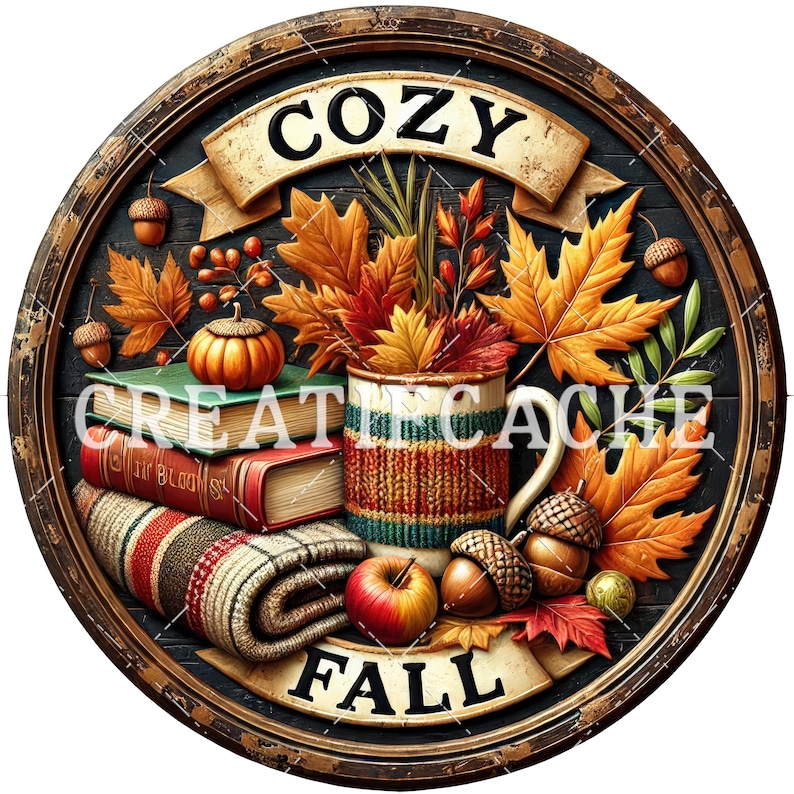 May include: Circular autumn-themed design with the words "COZY" and "FALL" on banners. Features a mug with fall leaves, a pumpkin, books, a blanket, acorns, and an apple. The design is framed by a dark wooden border.