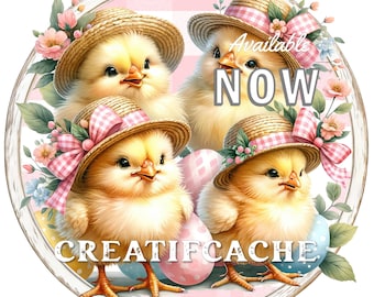 Easter Chicks, Pink Plaid, Easter Eggs, ROUND Digital PNG, Wreath Sign, Doorhanger, Cute Spring Chicks, Straw Hat, Digital Printable. Spring