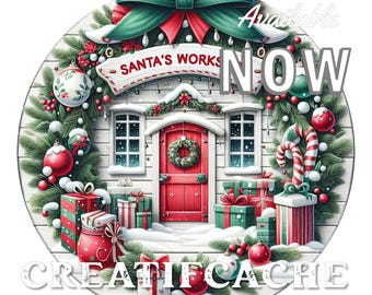 Santa's Workshop Circle Sublimation DIY Sign Making Fabric Transfer Christmas Round Design Doorhanger Wreath Accent Tiered Tray Decor PNG