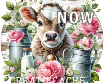 Pink Rose Jersey Cow Round Sublimation, add your own text, Door Hanger PNG