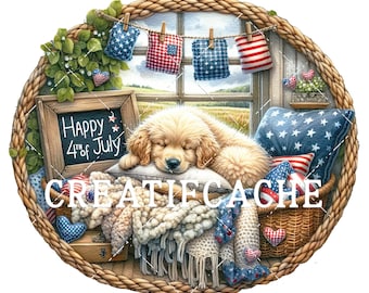 Cute Patriotic 4th of July American Puppy, Golden retreiver, Independence Day Dog Lover, DIY Sublimation, Signs, Craft Supply, Heat Press