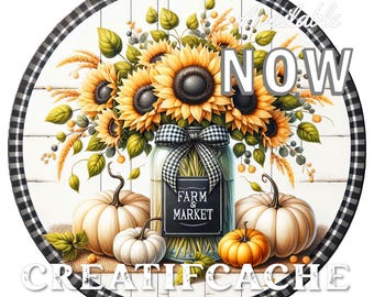 Farmhouse Sunflowers, Circle Sublimation, Round Wreath Sign, Gingham, DIY, Fall Crafts, Autumn Flowers, Wreath Decor, PNG, Fall Supplies