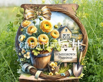 Golden Summer Garden PNG for Door Hanger, Sublimation, Wreath Sign Farmhouse PNG