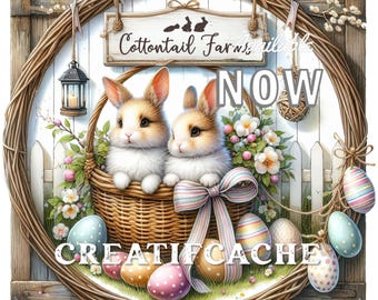 Cottontail Farms, Easter Bunny PNG Sublimation, Square Wreath Accent Door Hanger, Cute Farmhouse Bunnies, Bunny Basket, Tiered Tray Decor CU