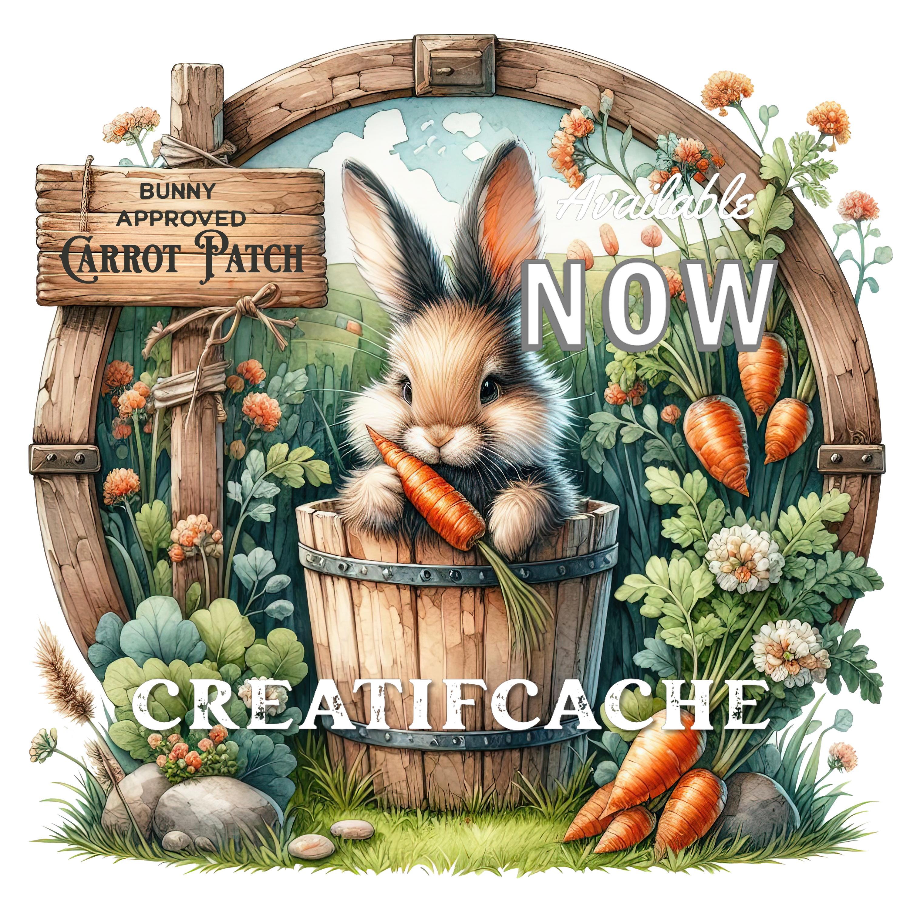 Cute Rustic Carrot Patch Bunny, Wooden Bucket, Carrot Tops, Bunny ...