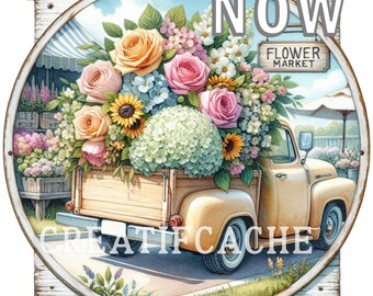 Round Farmhouse Flower Market Truck Sign | Spring Floral PNG (Digital Download 10x10 inches)