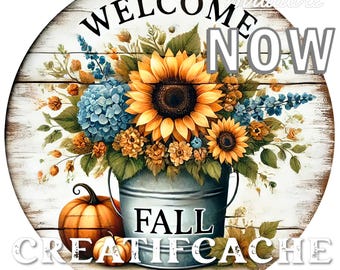 Farmhouse, Welcome Fall, Sunflowers, wreath sign, Autumn wreath sign, wreath decor, wood wreath sign, round wreath , wreath accessory, PNG