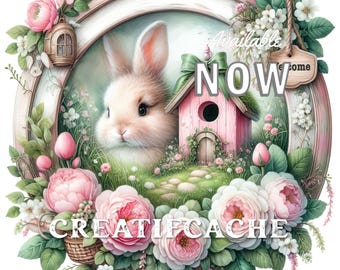 Schattige paashaas, shabby chique paasrozen, schattig paashuisje, girly Pasen PNG ronde sublimatie, digitaal bord DIY, stofoverdracht