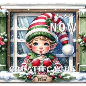 May include: A Christmas elf with a red and white striped hat peeks out of a window with a cup of hot chocolate in hand. The window is decorated with snow and greenery. The text "Available NOW" and "CREATIFCACHE" is visible in the image.