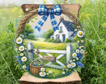 Round Summer Garden Cottage Welcome Design, Sublimation, Doorhanger DIY Signs