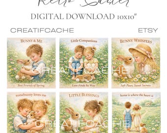 Retro Easter Children and Bunnies, Square, Digital Sublimation, Printable, DIY Crafts, Fabric Blocks, Coasters, Tiered Tray