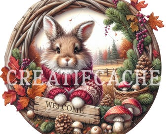 Fall Bunny Door Hanger PNG: Cozy Autumn Welcome Sign (Digital Download)