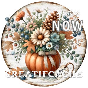 Bienvenido otoño, jarrón de calabaza de granja, flores de otoño, letrero de corona, letrero de corona, decoración de corona, letrero de corona de madera, corona redonda, PNG, bricolaje