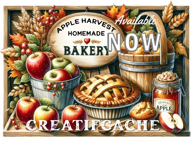 Apple Harvest, Fall Farmhouse, Cutting Board, PNG, Digital Download, Tiered Tray Decor, Mugs, Fabric Transfer, DIY Crafts, Commercial use image 1