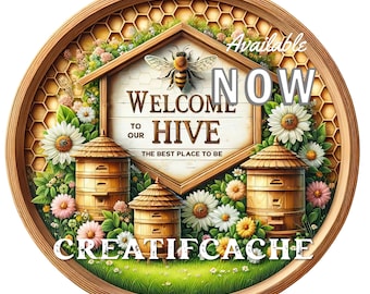 PNG Round Wood Honey Bee DIY Sign, Welcome to our hive, honeycomb, queen bee, Digital Transfer, Wall Decor, Honey Oval, Sign Making