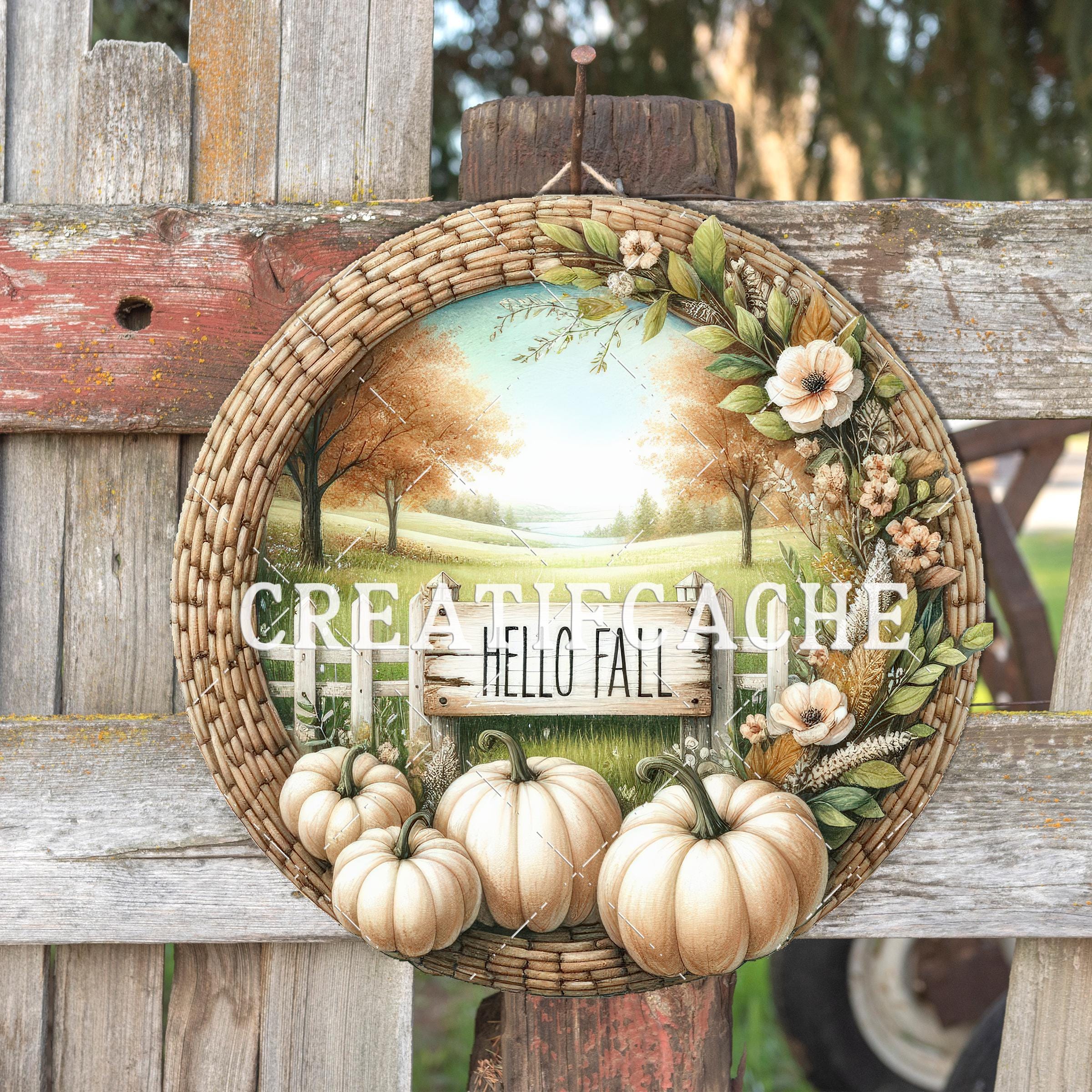 Hello Fall Rounds Png Hello Fall Round PNG Sublimation Autumn Field Cream Pumpkins ...