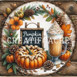 Puede incluir: Ilustración digital con una tarta de calabaza, un café con leche de calabaza especiada y una pizarra con la inscripción "Pumpkin Spice". La imagen está decorada con hojas de otoño, piñas y pequeñas calabazas, creando un tema otoñal acogedor.