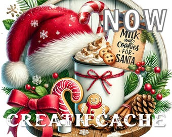Milk and Cookies for Santa, Santa Hat, DIY Digital Print, Christmas Cocoa, Cookies, Circular Image, Xmas Sublimation, Digital PNG 8x8 inches