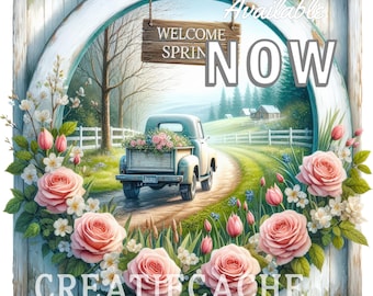 Welcome Spring Farmhouse Truck Design, Sublimation, Ceramic, Ornaments, DIY Doorhanger Signs
