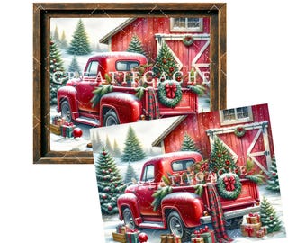 Farmhouse Christmas Red Truck Barn Rustic Digital Sublimation, Glass Cutting Board Sublimation Design, DIY Sign Making, Print, Country Style