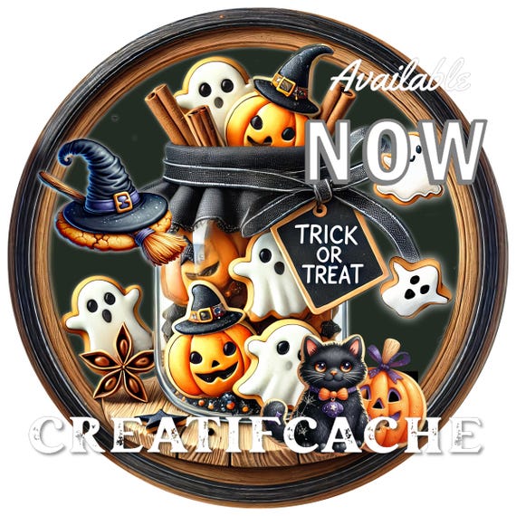 Round Halloween Cookies Mason Jar DIY Halloween, Sublimation, PNG, Wreath Accent, Cute Halloween Crafts, Home Decor Sign PNG
