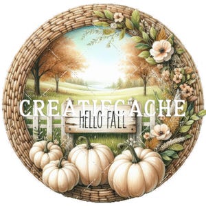 May include: A circular woven wreath with a fall theme, including pumpkins and a sign saying "Hello Fall." The background is a painted landscape with trees and a fence. The text "CREATE CACHE" is also visible.