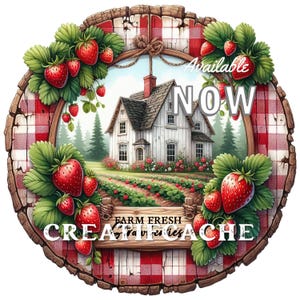 Cercle ferme aux fraises fraîches de la ferme, Vichy, Ferme, Fruits d'été rustiques, Sublimation PNG ronde, DIY enseigne, Décoration de couronne, Accroche-porte