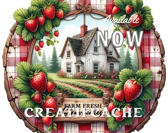 Farm Fresh Strawberry Farm Circle, Gingham, Farmhouse, Rustic Summer Fruit, Round PNG Sublimation, DIY Signs, Wreath Decoration, Door Hanger