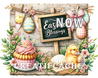 A Sweet Easter Bakery Wooden Sign Pink Fluffy Chick, Easter Cupcake, Eggs, Digital PNG Sublimation, Decoupage, Fabric Transfer, Home Decor