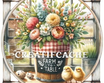 Farmhouse Farm to Table Spring Chicks Square 10x10 inch Sublimation PNG DIY Sign Country Style Digital Print Wreath Accent Door Hanger CU