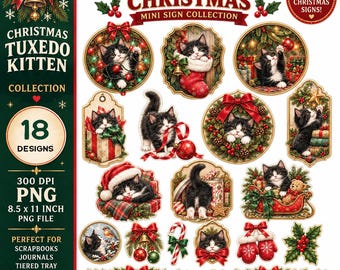 Tuxedo Cat Christmas Printable, Xmas Kitten Die Cut Set, Junk Journal Scrapbook Label Tags PNG