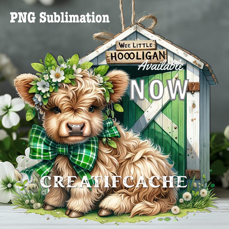 May include: A cute Highland cow calf with a green plaid bow and a flower crown sits in front of a wooden shed with a sign that reads "Wee Little Hooligan Available Now".
