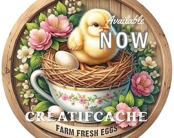 Rustic Teacup Chick Farm Fresh Eggs DIY Sign Making Wreath Accent Door Hanger, Craft Supply, Digital Image Tiered tray Decor, Kitchen Round