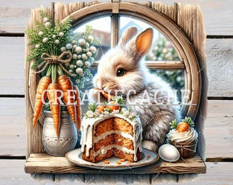 Carrot Cake Bunny PNG for Sublimation, Spring Shirt Design, Kitchen Towel, Door Hanger