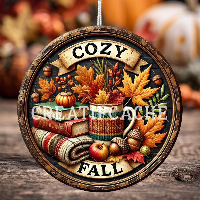 May include: Round wooden fall-themed ornament with the words "COZY" and "FALL". The ornament features autumn leaves, acorns, a pumpkin, books, and a mug. The text "CREATE CACHE" is also visible.