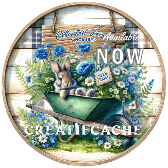 Round Easter Bunny Sublimation DIY, Bunny Wheelbarrow, Spring Flowers, Cottontail Farms, Spring Bunny, Coaster, Digital PNG, Wreath Decor