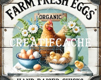 Rustic Farmhouse White Wood Farm Sign, Hen, Farm Sign, Chickens, Square, Mother Hen, Country Kitchen Wall Decor Digital Print, Commercial