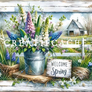 Può includere: Dipinto ad acquerello di una scena primaverile con un secchio zincato traboccante di fiori colorati. Un piccolo cartello di legno recita "Benvenuta Primavera". Lo sfondo mostra un fienile bianco e una staccionata bianca. Il testo "CREATE CACHE" è visibile.
