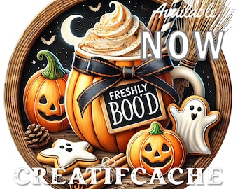 Cute Halloween Coffee Circle, Pumpkin Mug, DIY Halloween Sign, Sublimation, PNG, Wreath Accent, Halloween, Crafts, Home Decor Sign, PNG