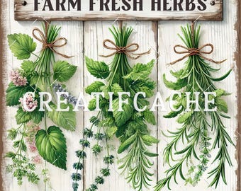 Farm Fresh Herbs, Cutting Board, Kitchen Herbs, Flowering Herbs, Farmhouse Kitchen Print, DIY Home Decor, Tiered Tray Decor, Kitchen Print